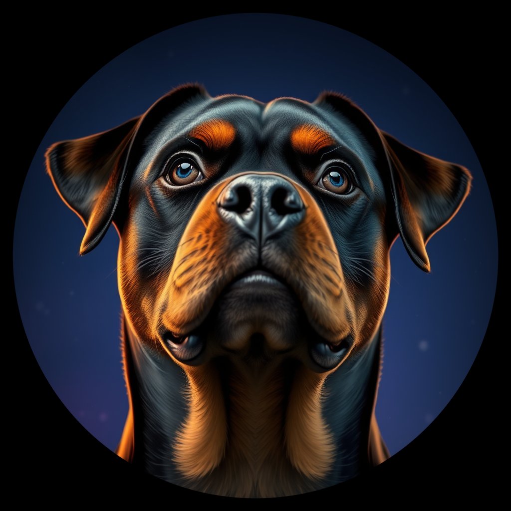 Cosmic medallion portrait of 5320_5320, a Rottweiler