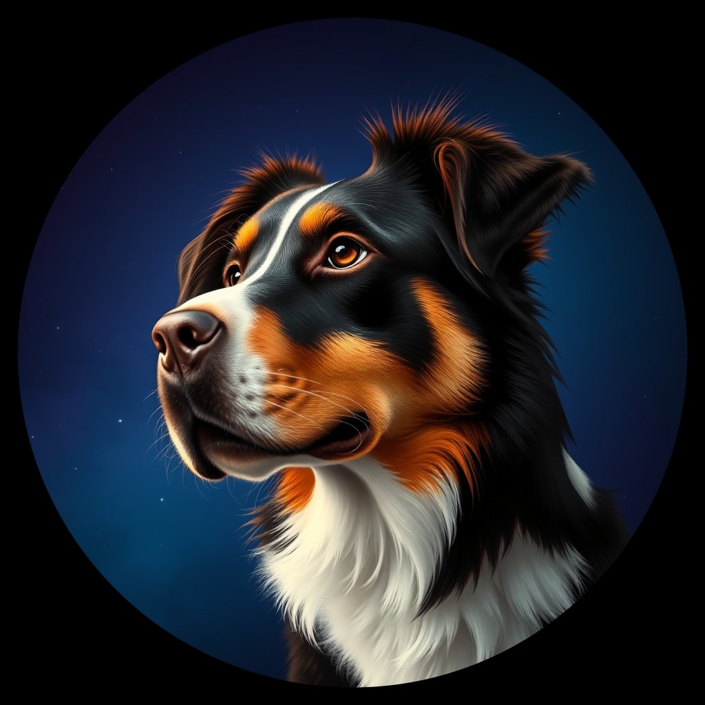 Cosmic medallion portrait of AUSS_AUSS_28472, a Australian Shepherd