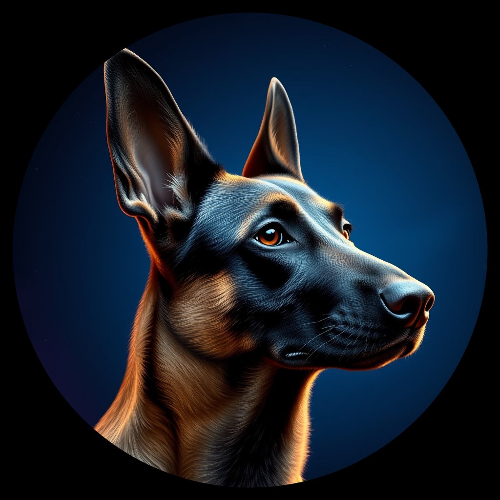 Cosmic medallion portrait of BMAL_BMAL_39E06, a Belgian Malinois