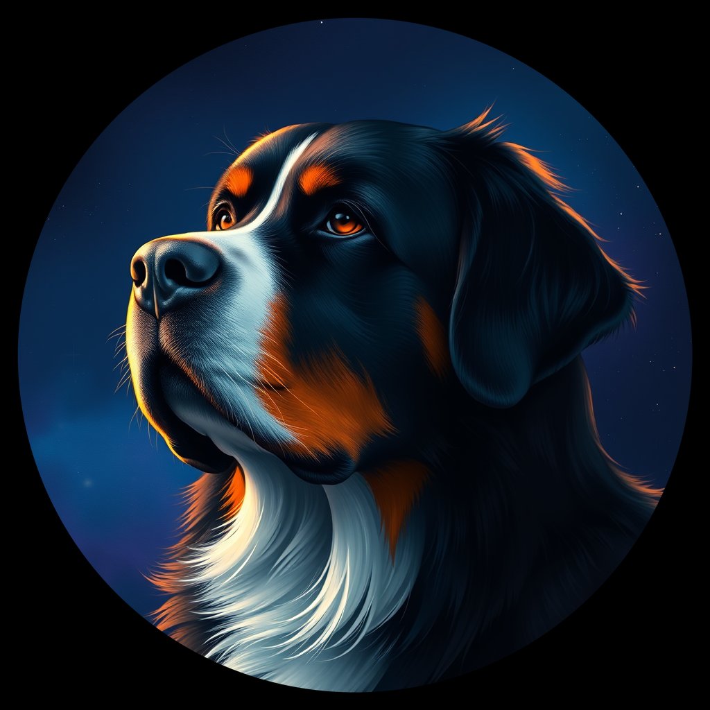 Cosmic medallion portrait of BMD_BMD_004667, a Bernese Mountain Dog