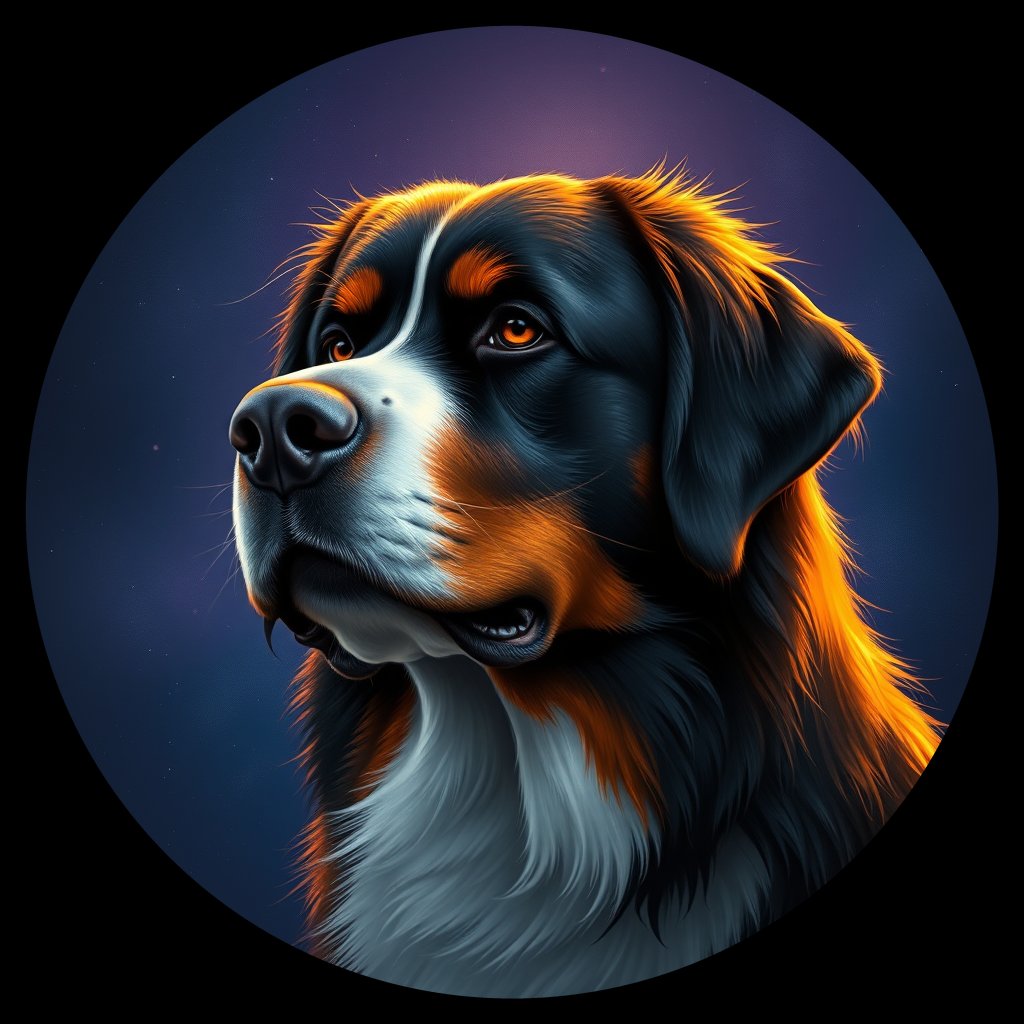 Cosmic medallion portrait of BMD_BMD_004687, a Bernese Mountain Dog