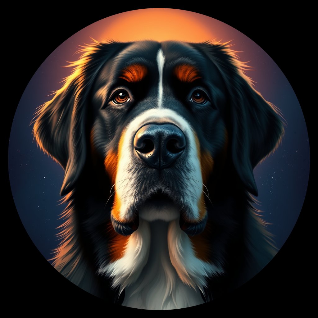 Cosmic medallion portrait of BMD_BMD_00GT33, a Bernese Mountain Dog