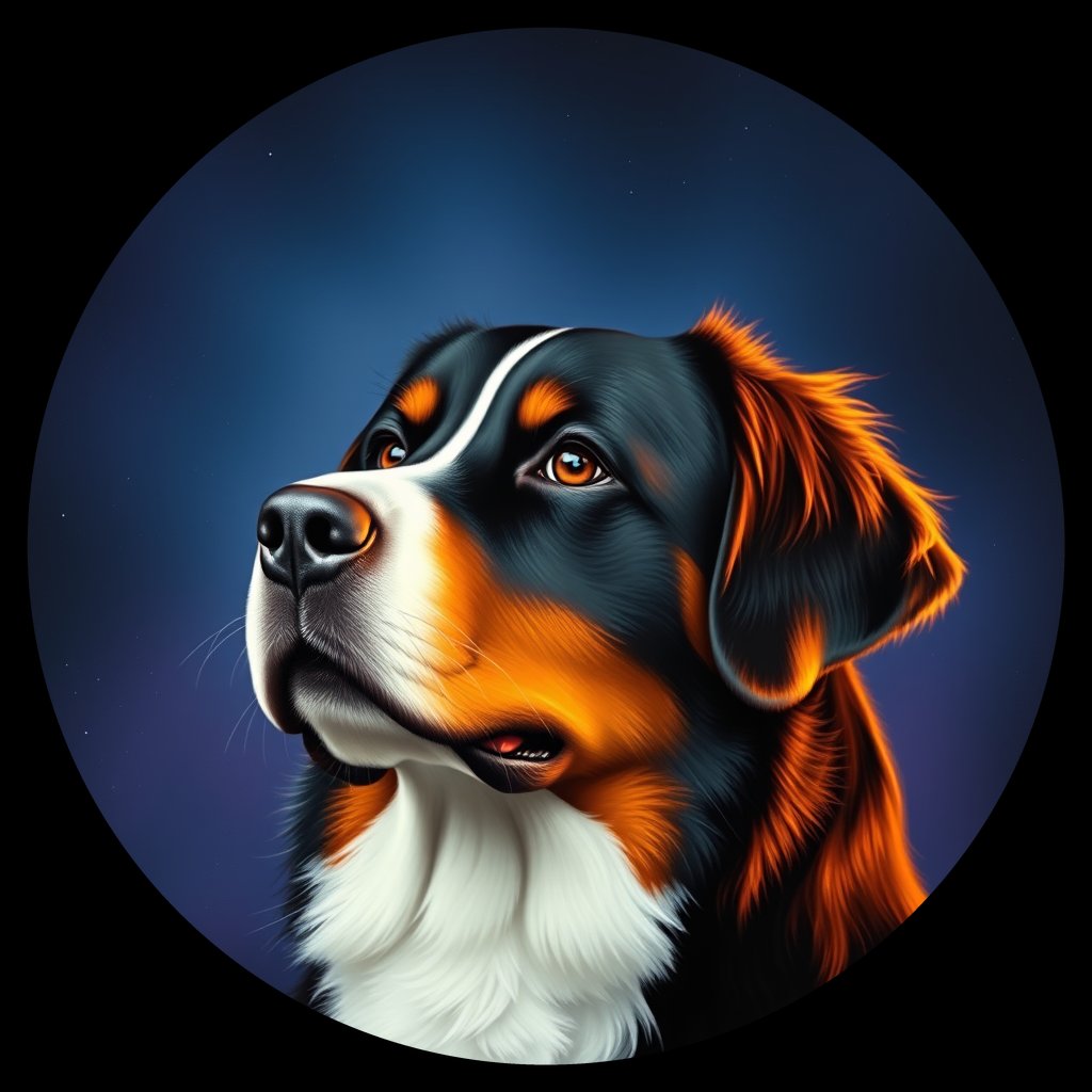 Cosmic medallion portrait of BMD_BMD_00GT34, a Bernese Mountain Dog