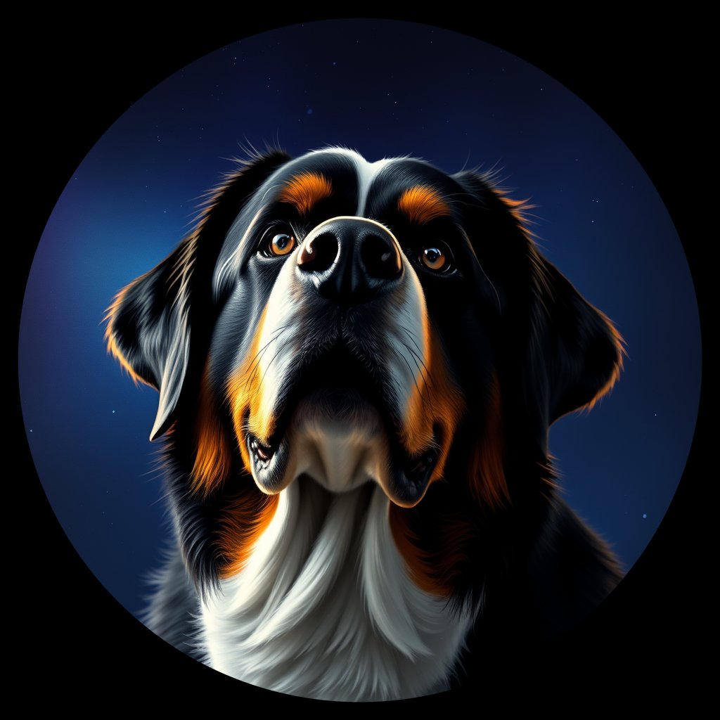 Cosmic medallion portrait of BMD_BMD_00GT36, a Bernese Mountain Dog