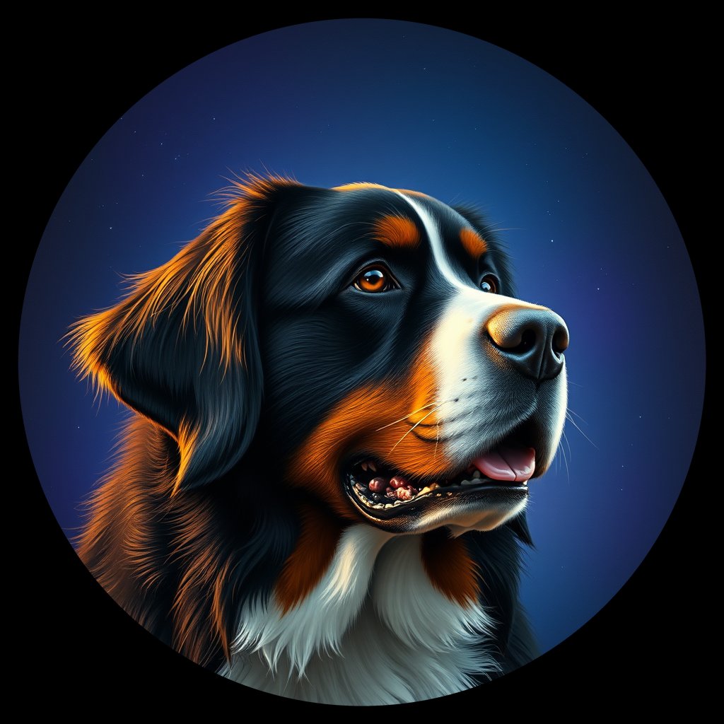 Cosmic medallion portrait of BMD_BMD_00GT37, a Bernese Mountain Dog
