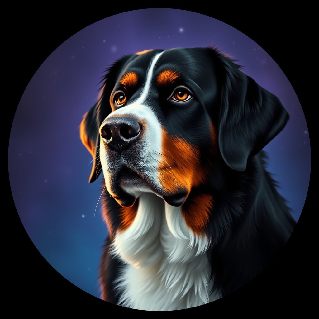 Cosmic medallion portrait of BMD_GT29_BMD_GT29, a Bernese Mountain Dog