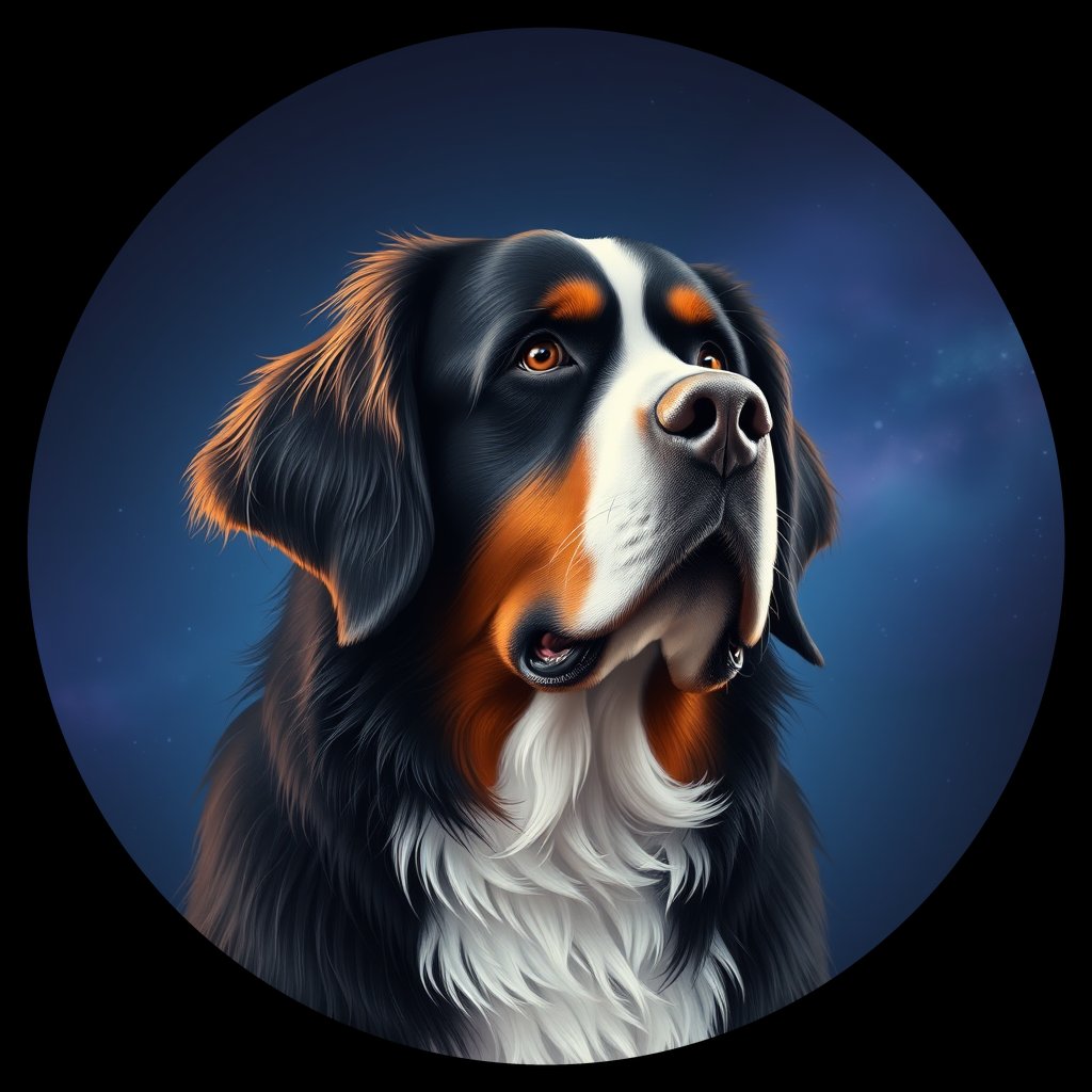 Cosmic medallion portrait of BMD_GT32_BMD_GT32, a Bernese Mountain Dog