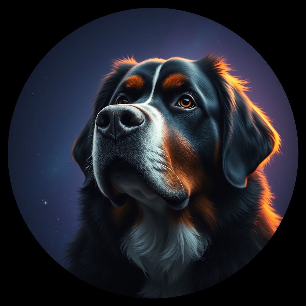 Cosmic medallion portrait of BMD_GT33_BMD_GT33, a Bernese Mountain Dog