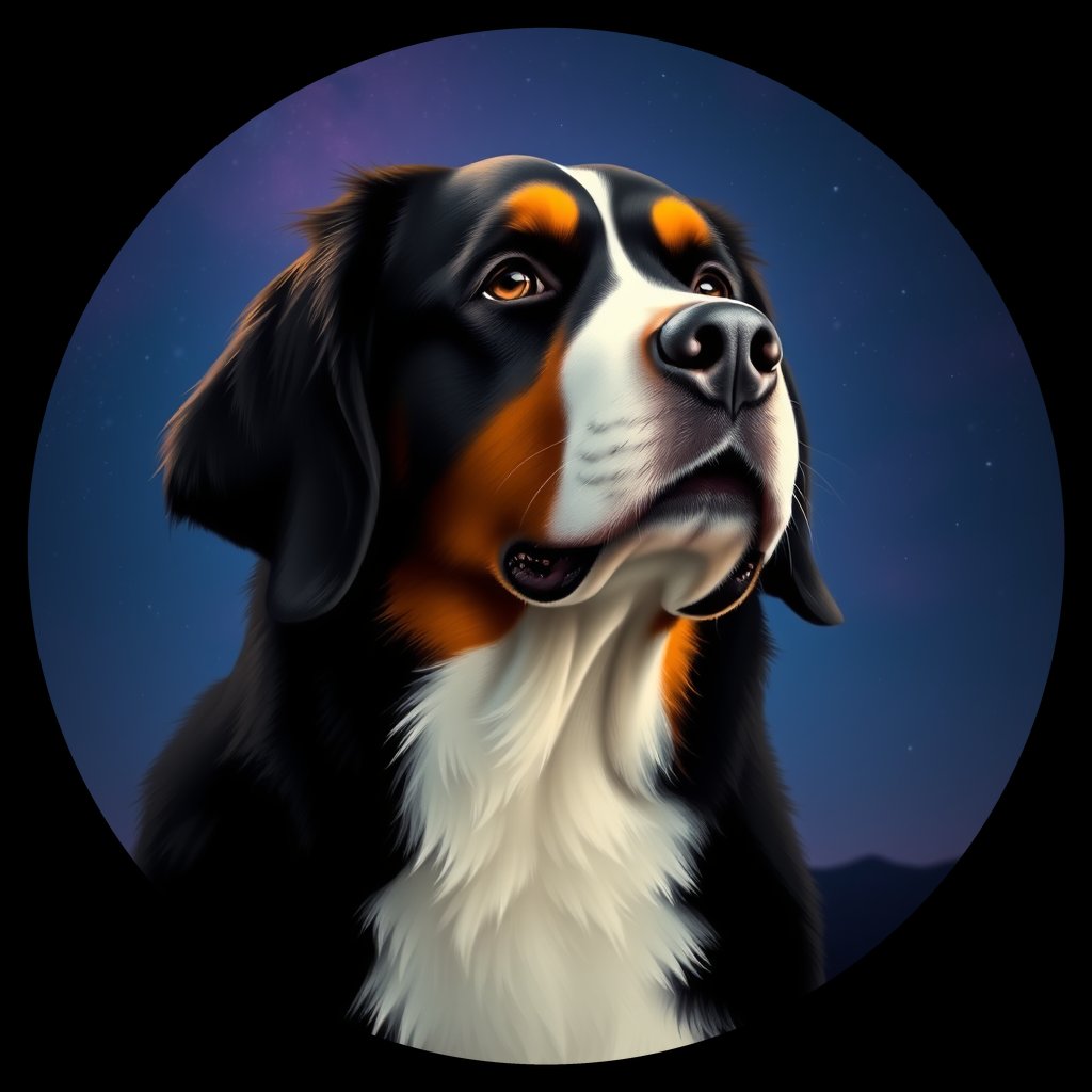 Cosmic medallion portrait of BMD_GT34_BMD_GT34, a Bernese Mountain Dog