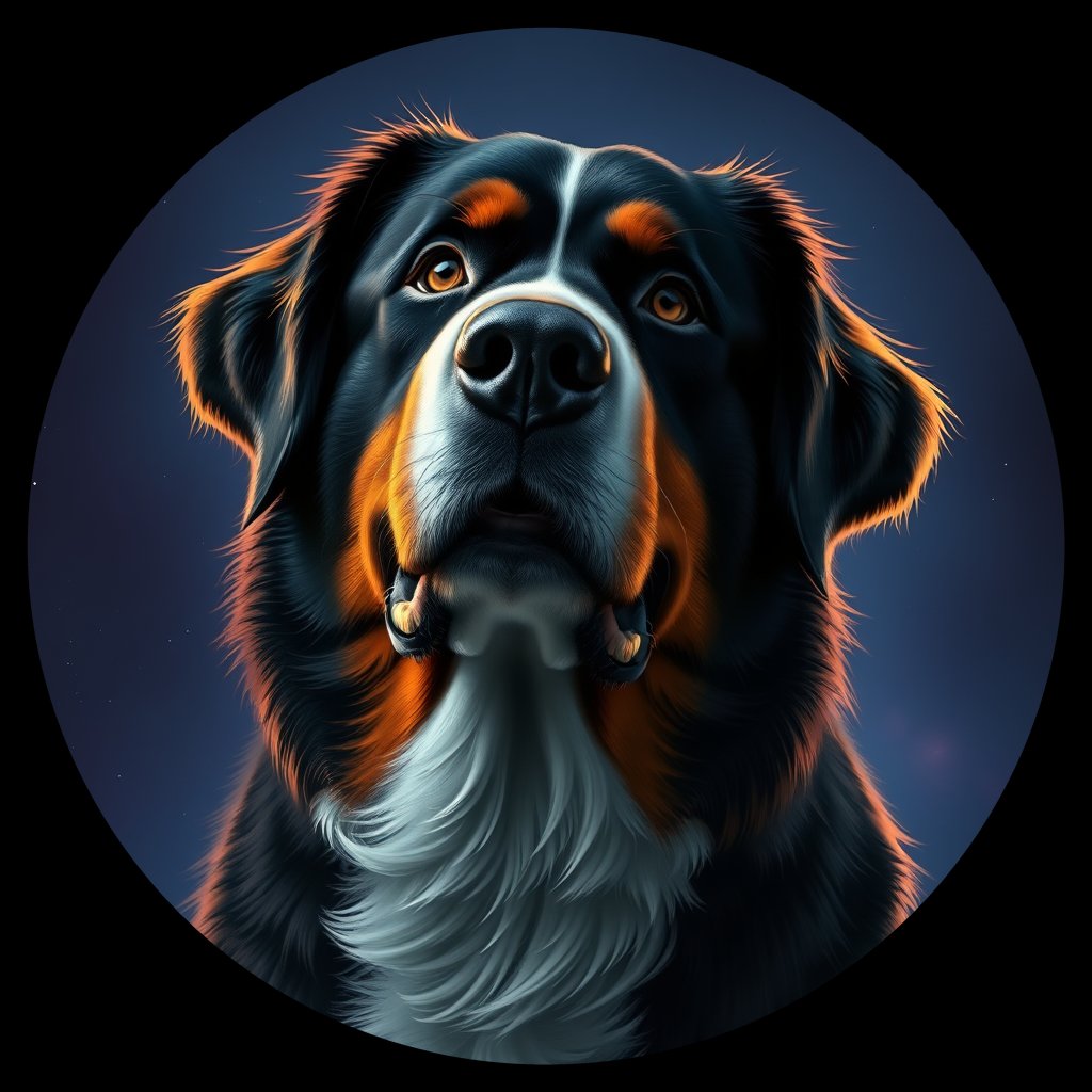 Cosmic medallion portrait of BMD_GT35_BMD_GT35, a Bernese Mountain Dog