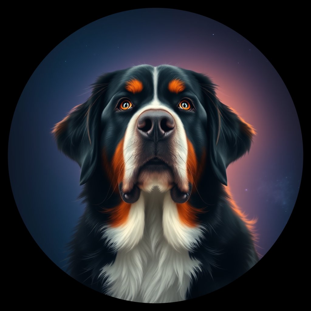 Cosmic medallion portrait of BMD_GT37_BMD_GT37, a Bernese Mountain Dog