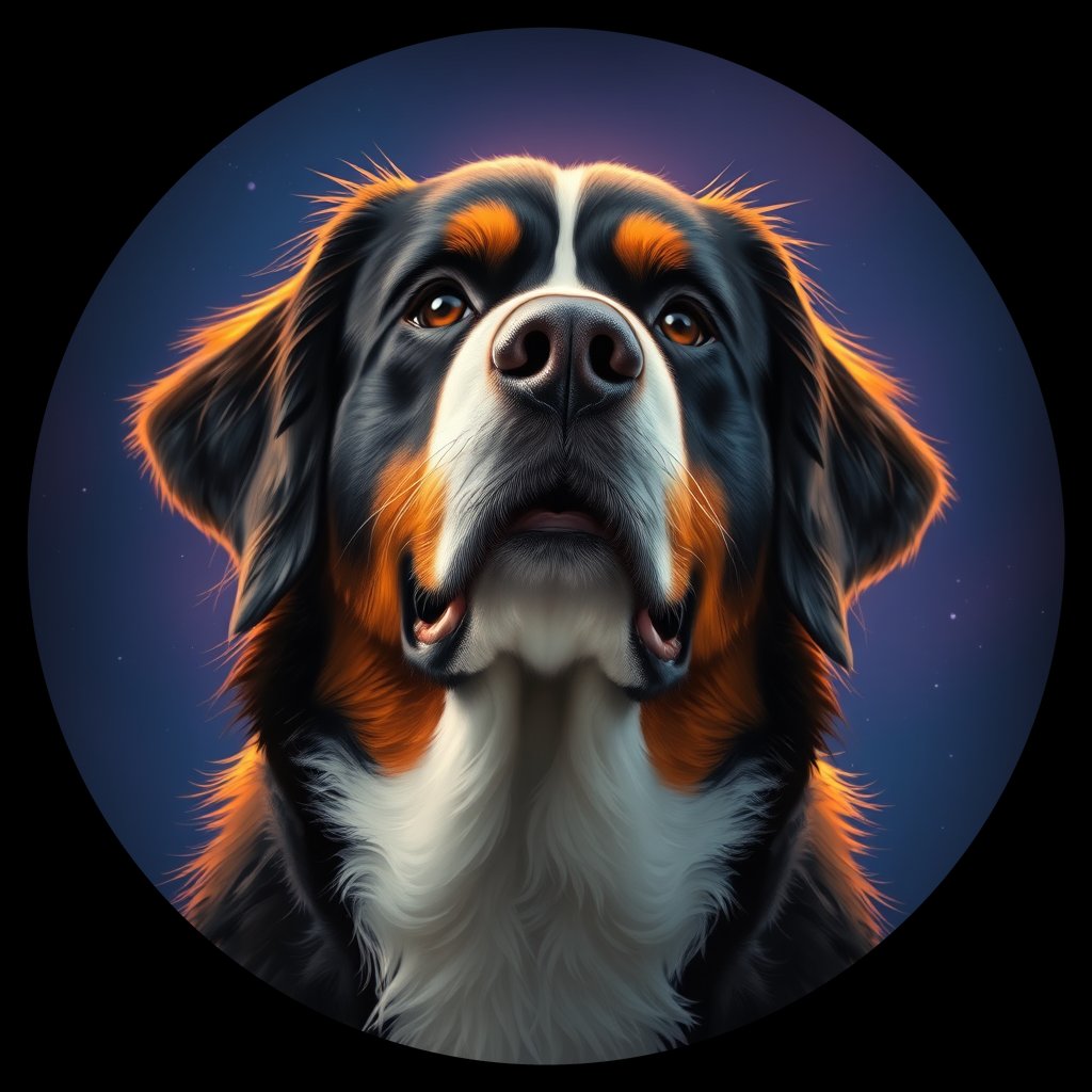 Cosmic medallion portrait of BMD_GT38_BMD_GT38, a Bernese Mountain Dog