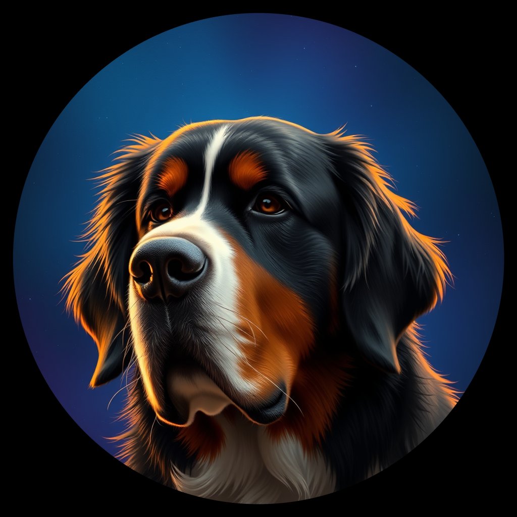 Cosmic medallion portrait of BMD_GT39_BMD_GT39, a Bernese Mountain Dog