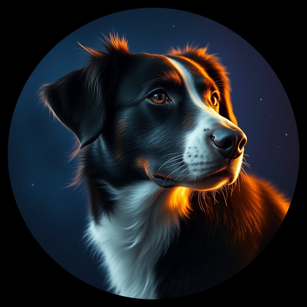 Cosmic medallion portrait of BORD_33999, a Border Collie
