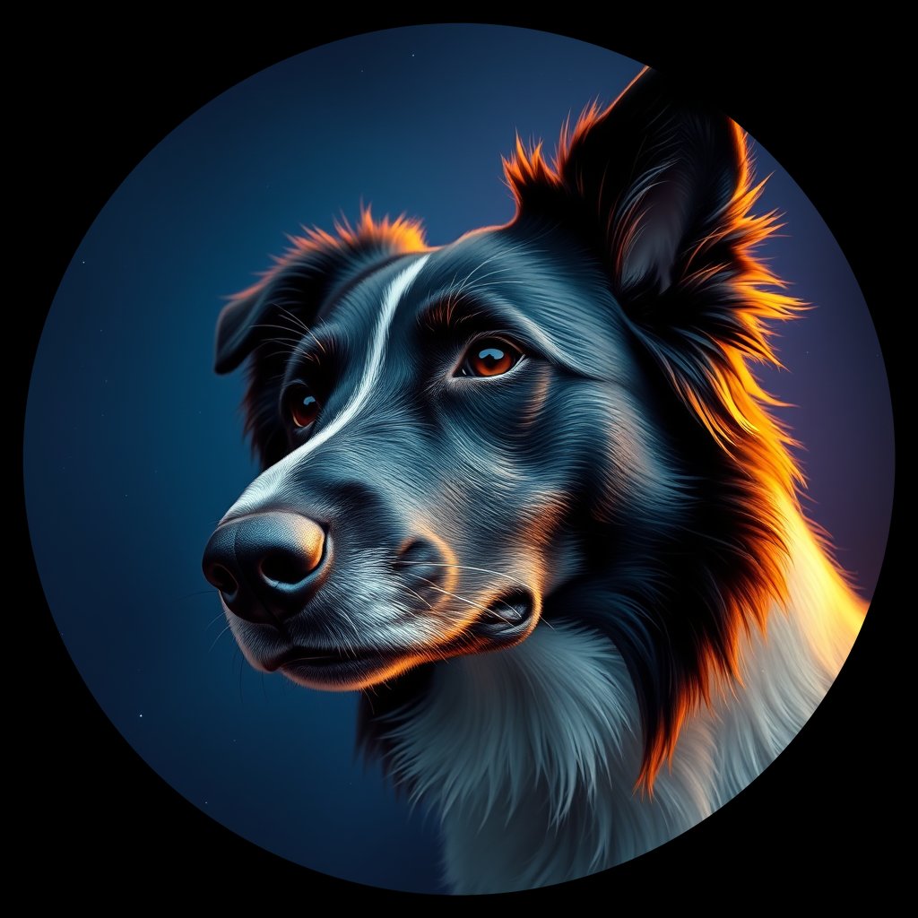 Cosmic medallion portrait of BORD_34105, a Border Collie