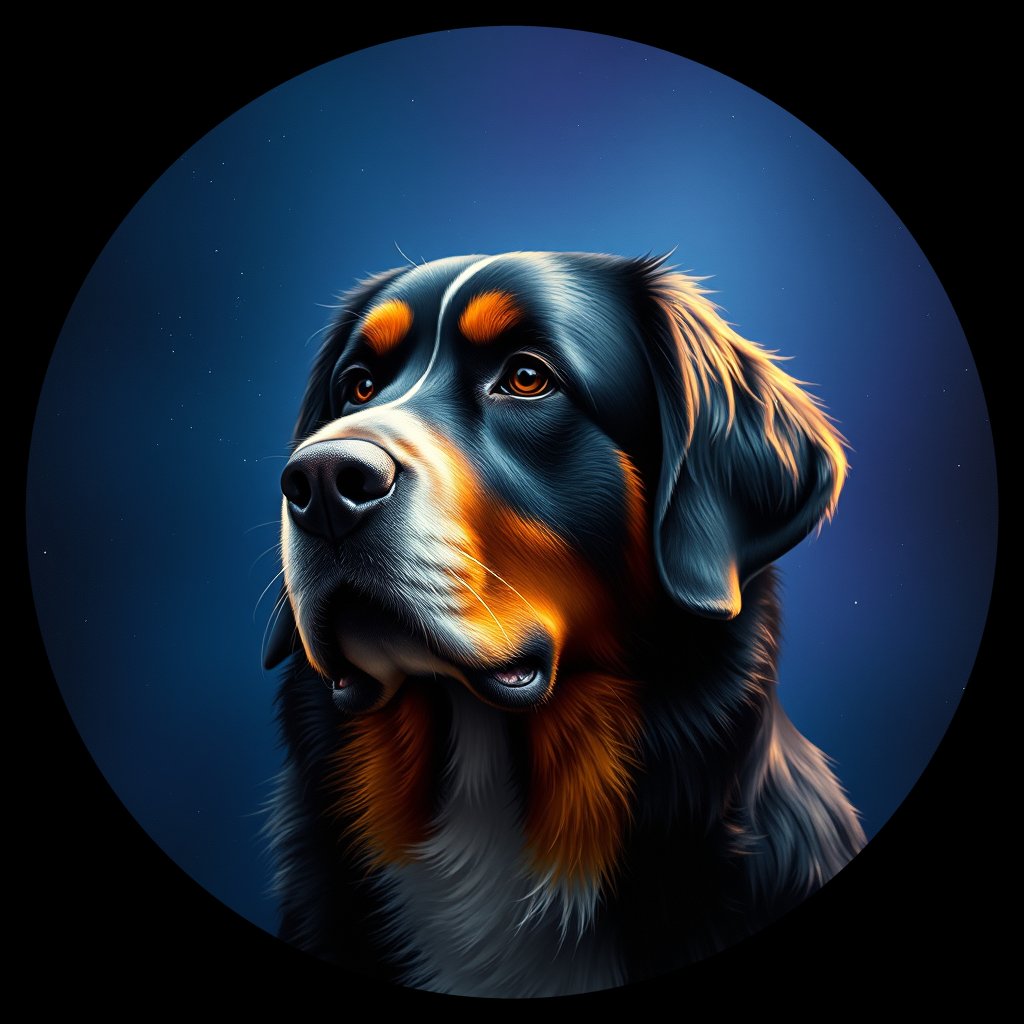 Cosmic medallion portrait of Bernese_Mountain_Dog_1000, a Bernese Mountain Dog