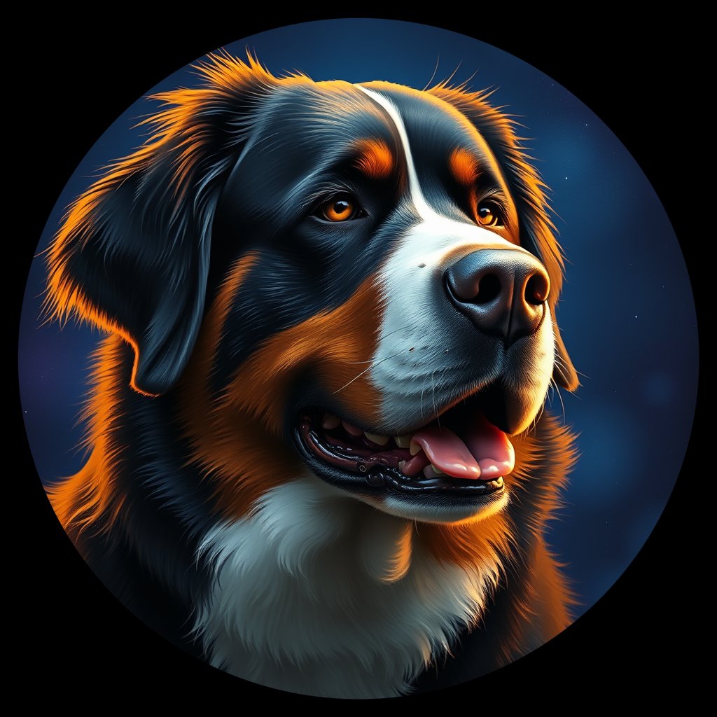 Cosmic medallion portrait of Bernese_Mountain_Dog_1571, a Bernese Mountain Dog