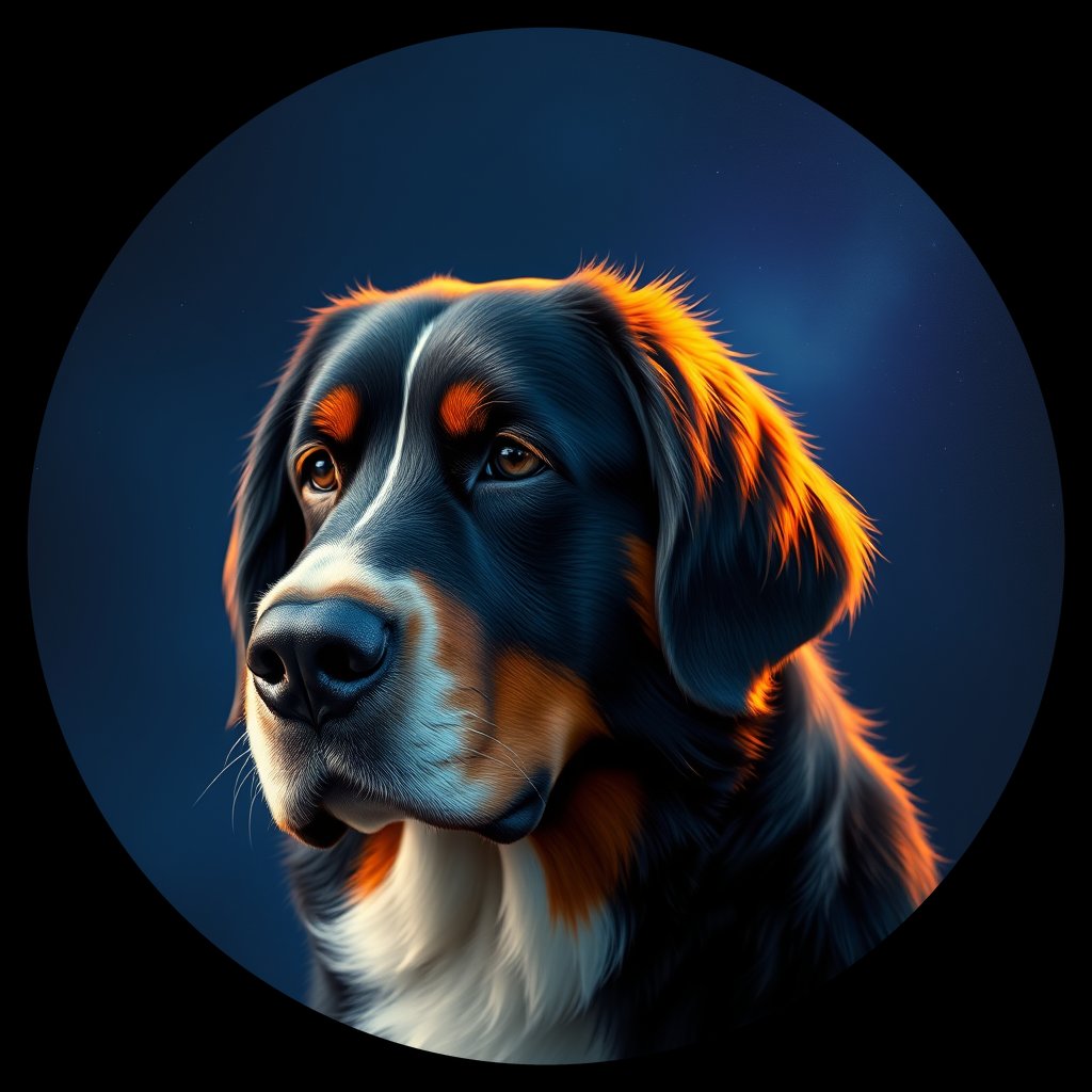 Cosmic medallion portrait of Bernese_Mountain_Dog_1907, a Bernese Mountain Dog