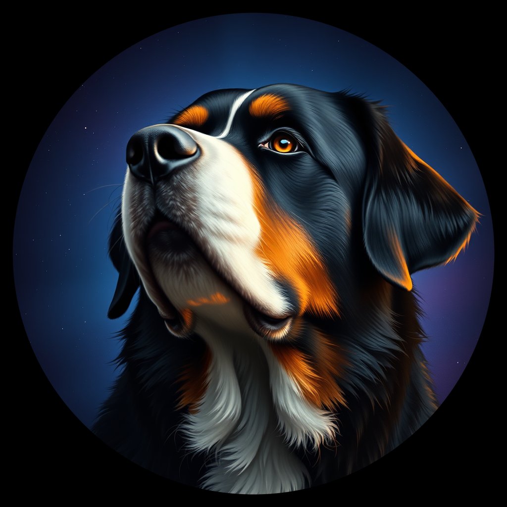 Cosmic medallion portrait of Bernese_Mountain_Dog_1947, a Bernese Mountain Dog