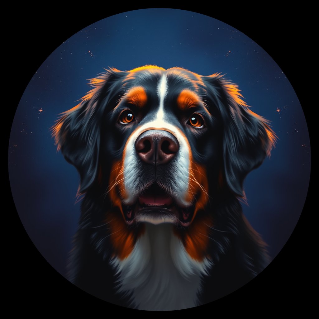 Cosmic medallion portrait of Bernese_Mountain_Dog_2005, a Bernese Mountain Dog