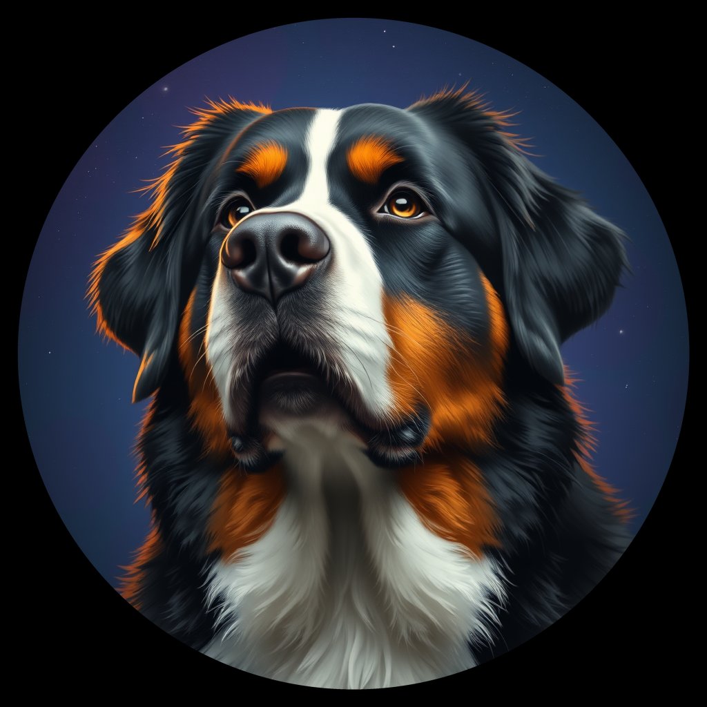 Cosmic medallion portrait of Bernese_Mountain_Dog_2047, a Bernese Mountain Dog