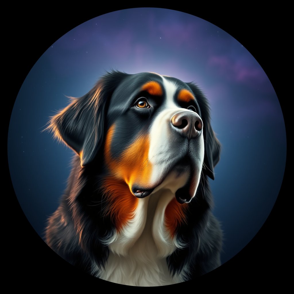 Cosmic medallion portrait of Bernese_Mountain_Dog_2079, a Bernese Mountain Dog