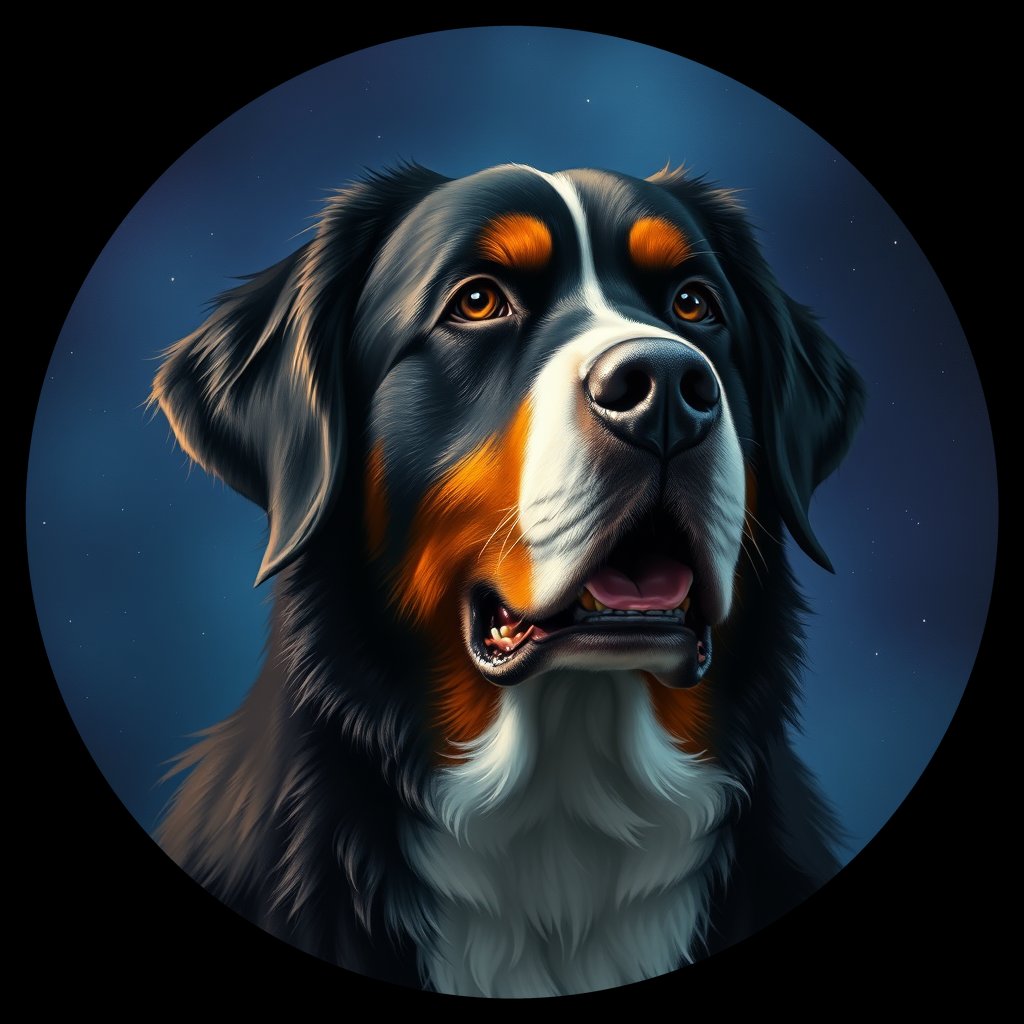 Cosmic medallion portrait of Bernese_Mountain_Dog_2526, a Bernese Mountain Dog