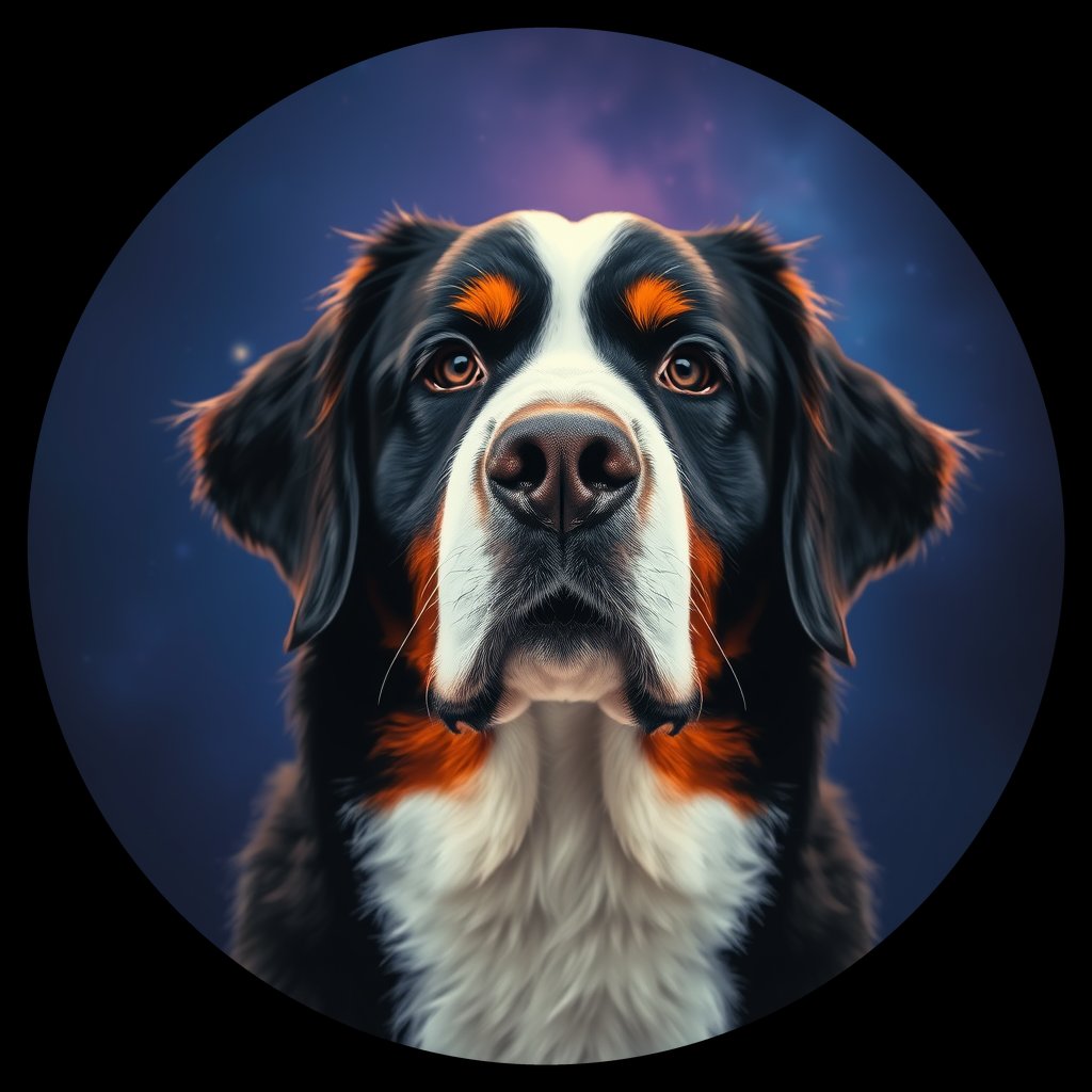 Cosmic medallion portrait of Bernese_Mountain_Dog_2590, a Bernese Mountain Dog