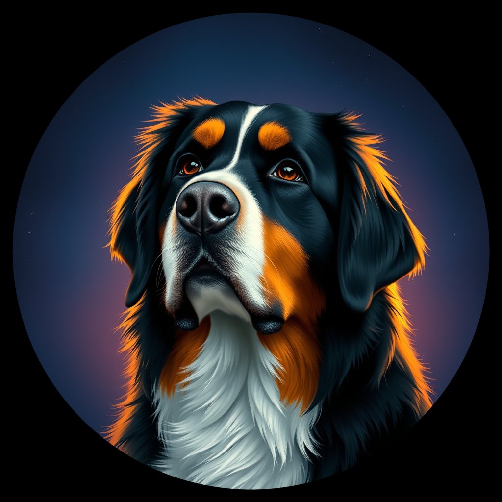 Cosmic medallion portrait of Bernese_Mountain_Dog_2655, a Bernese Mountain Dog