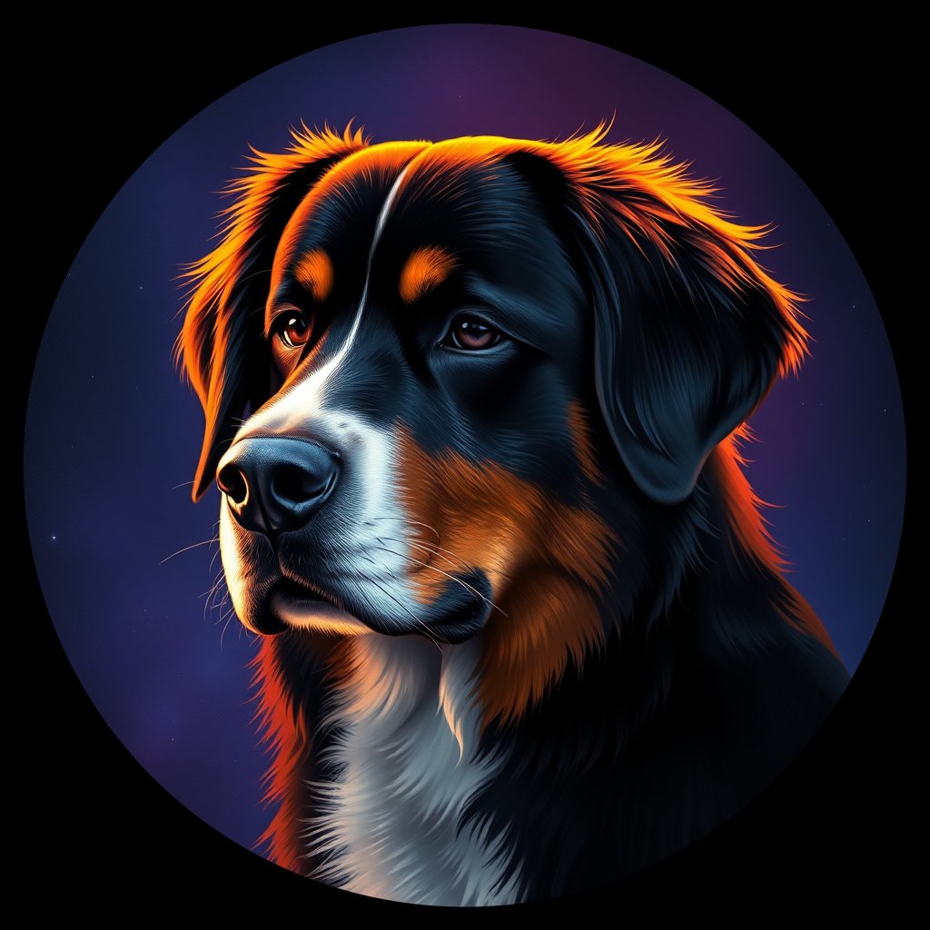 Cosmic medallion portrait of Bernese_Mountain_Dog_2668, a Bernese Mountain Dog