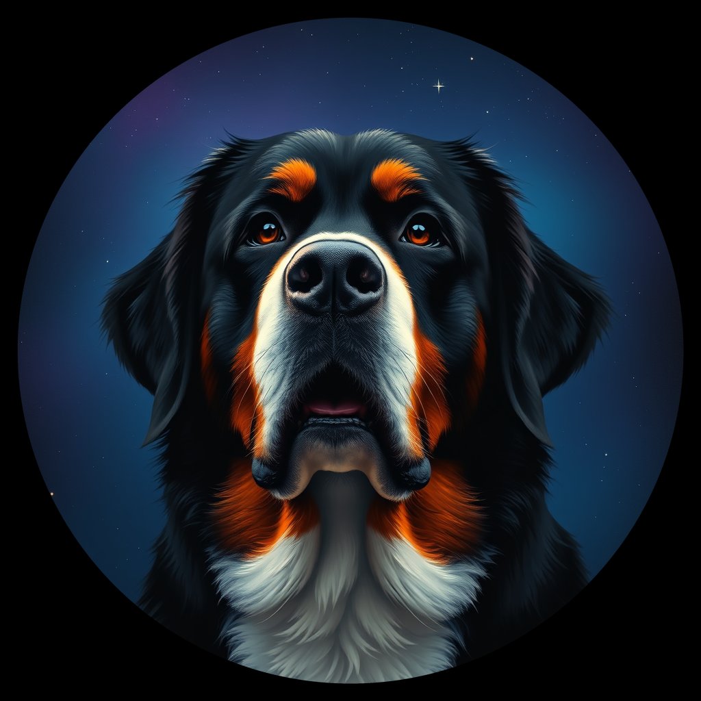 Cosmic medallion portrait of Bernese_Mountain_Dog_2956, a Bernese Mountain Dog