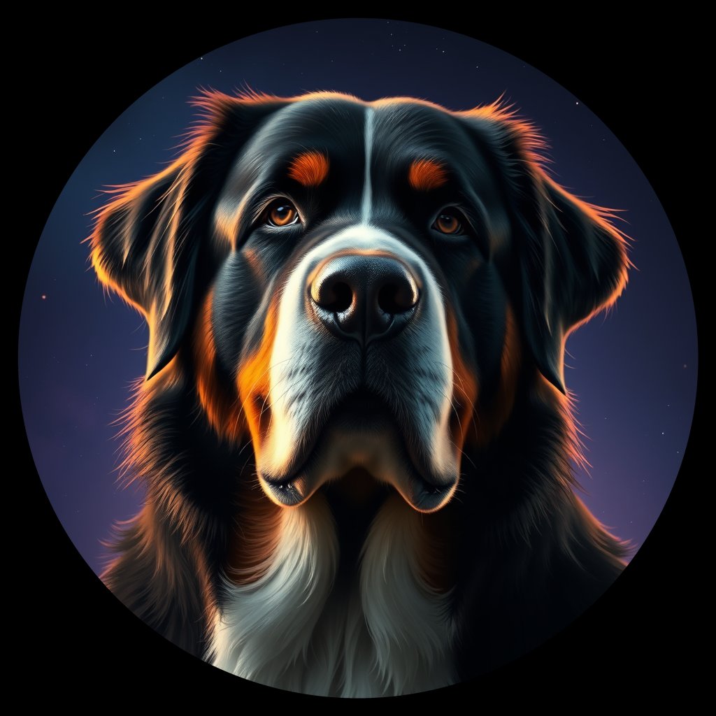 Cosmic medallion portrait of Bernese_Mountain_Dog_3000, a Bernese Mountain Dog