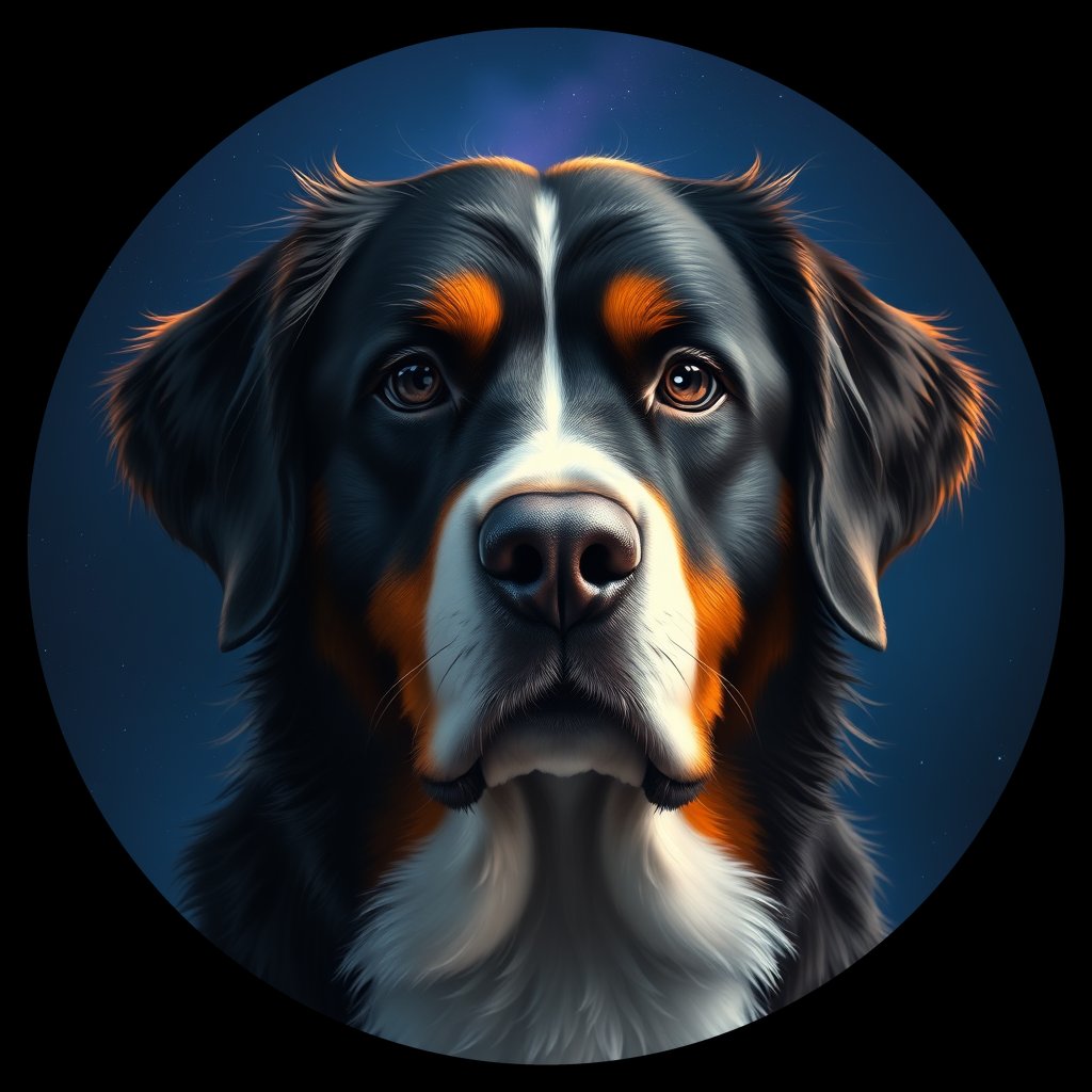 Cosmic medallion portrait of Bernese_Mountain_Dog_3017, a Bernese Mountain Dog