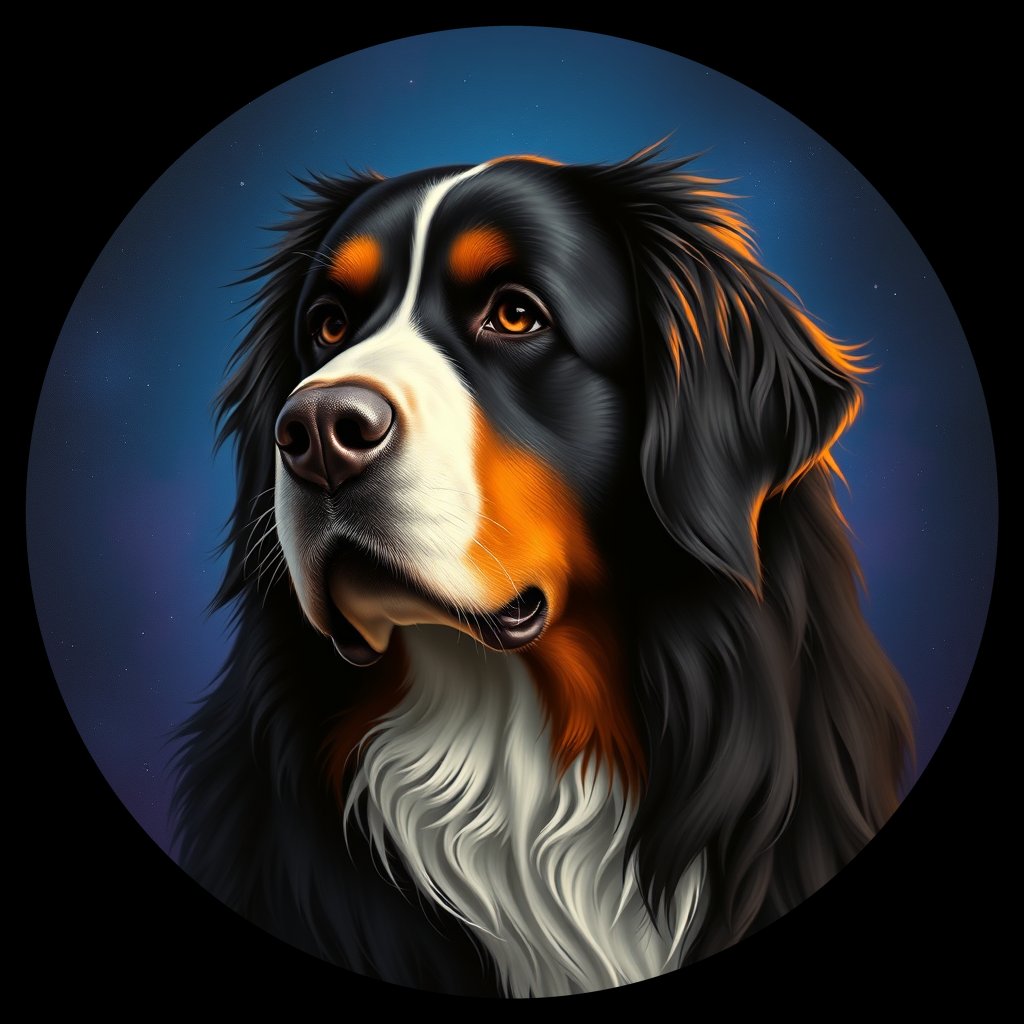 Cosmic medallion portrait of Bernese_Mountain_Dog_3051, a Bernese Mountain Dog