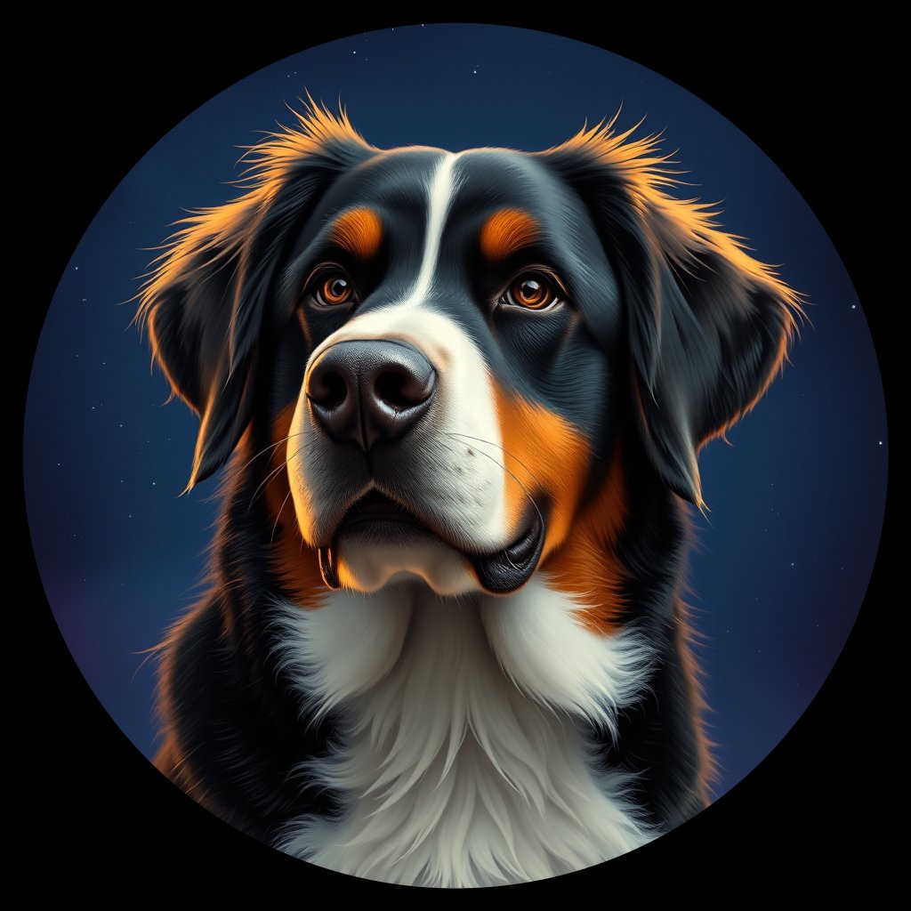 Cosmic medallion portrait of Bernese_Mountain_Dog_3145, a Bernese Mountain Dog