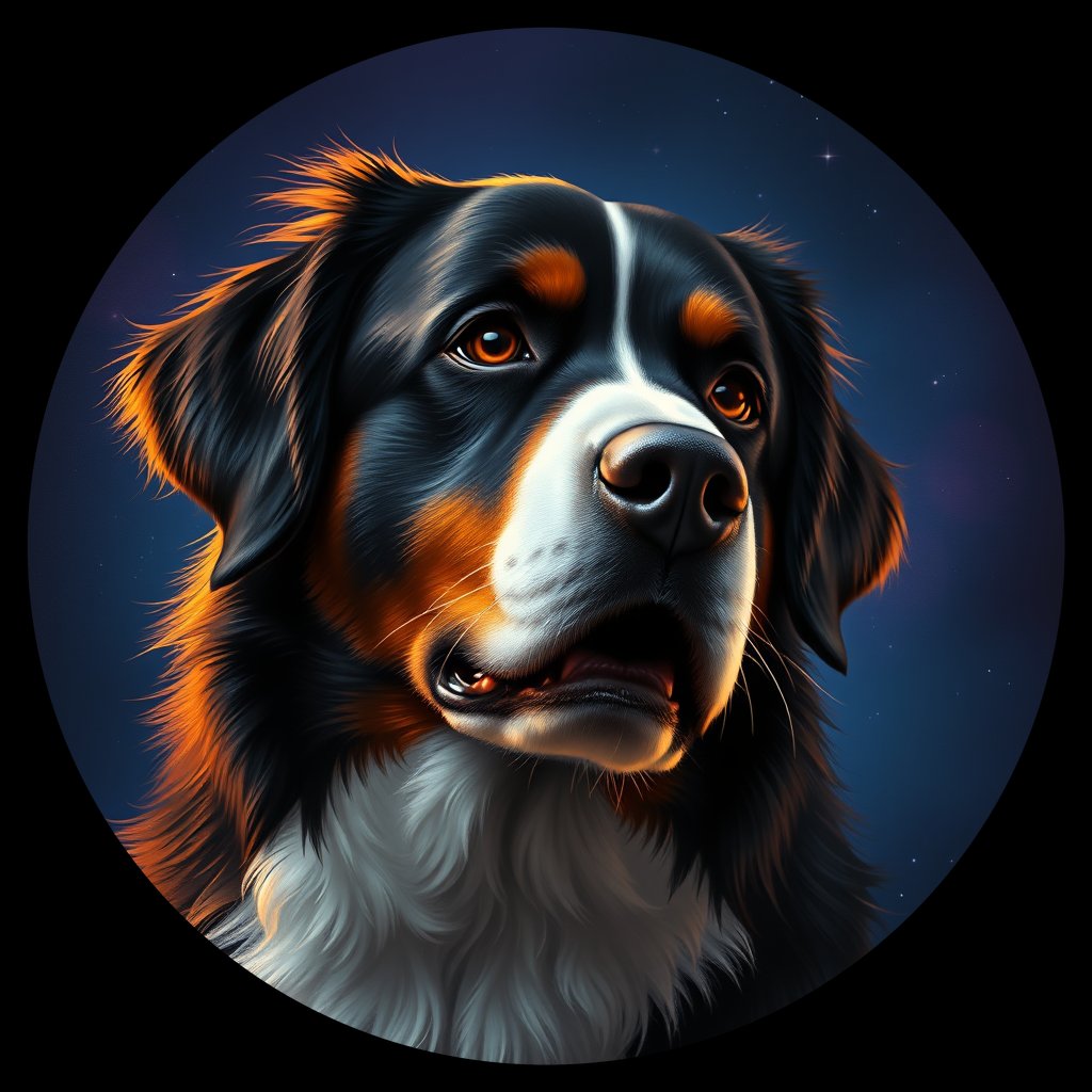 Cosmic medallion portrait of Bernese_Mountain_Dog_3208, a Bernese Mountain Dog