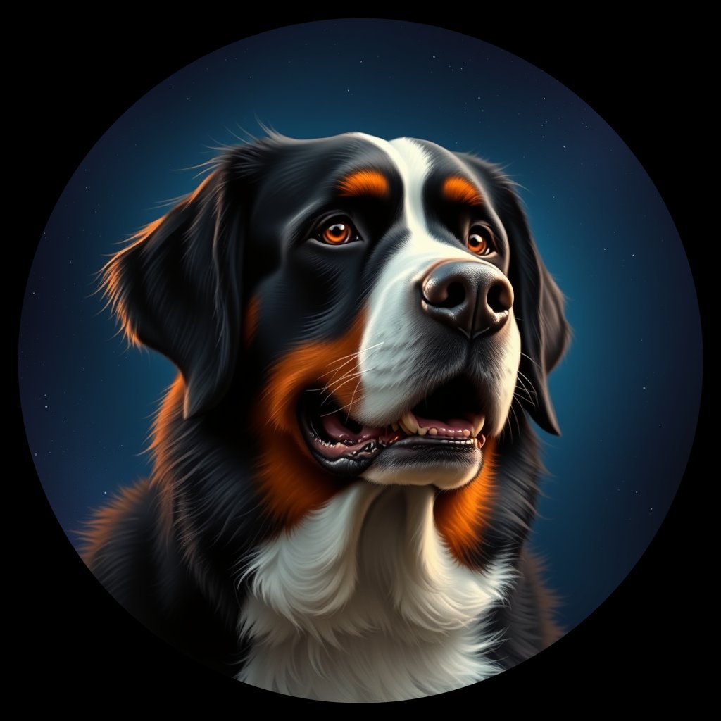 Cosmic medallion portrait of Bernese_Mountain_Dog_3229, a Bernese Mountain Dog