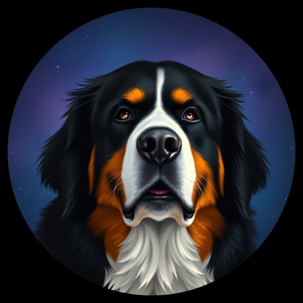 Cosmic medallion portrait of Bernese_Mountain_Dog_3476, a Bernese Mountain Dog