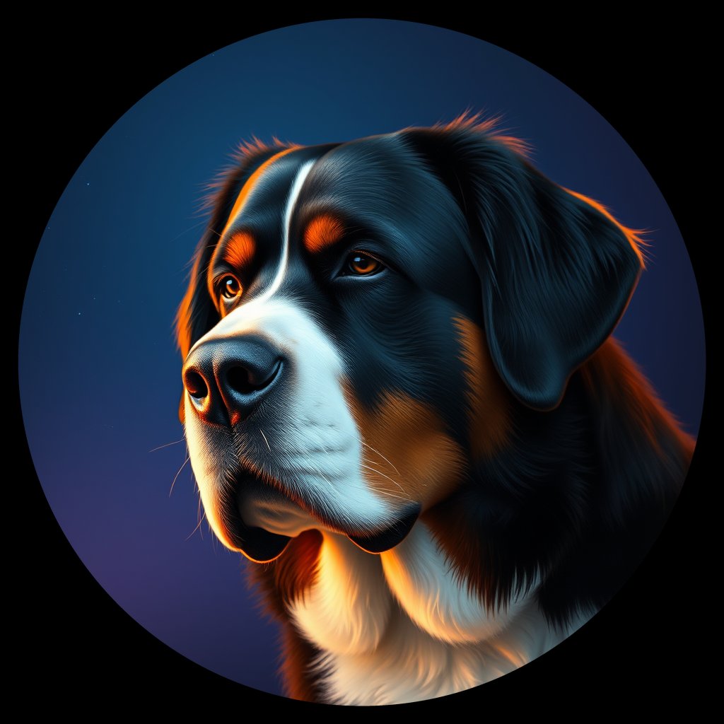 Cosmic medallion portrait of Bernese_Mountain_Dog_3513, a Bernese Mountain Dog