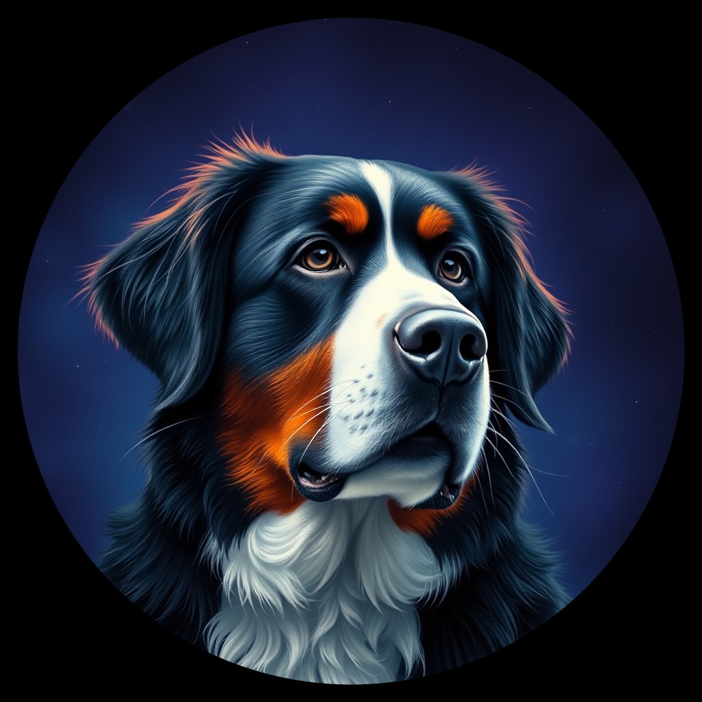 Cosmic medallion portrait of Bernese_Mountain_Dog_3533, a Bernese Mountain Dog