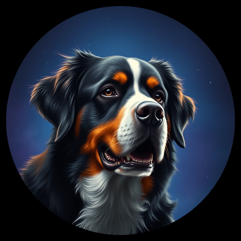 Cosmic medallion portrait of Bernese_Mountain_Dog_3541, a Bernese Mountain Dog