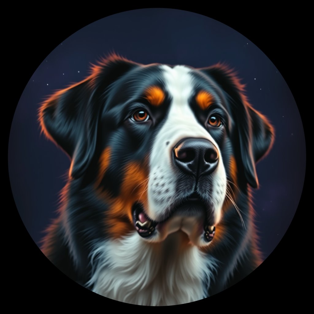 Cosmic medallion portrait of Bernese_Mountain_Dog_3576, a Bernese Mountain Dog