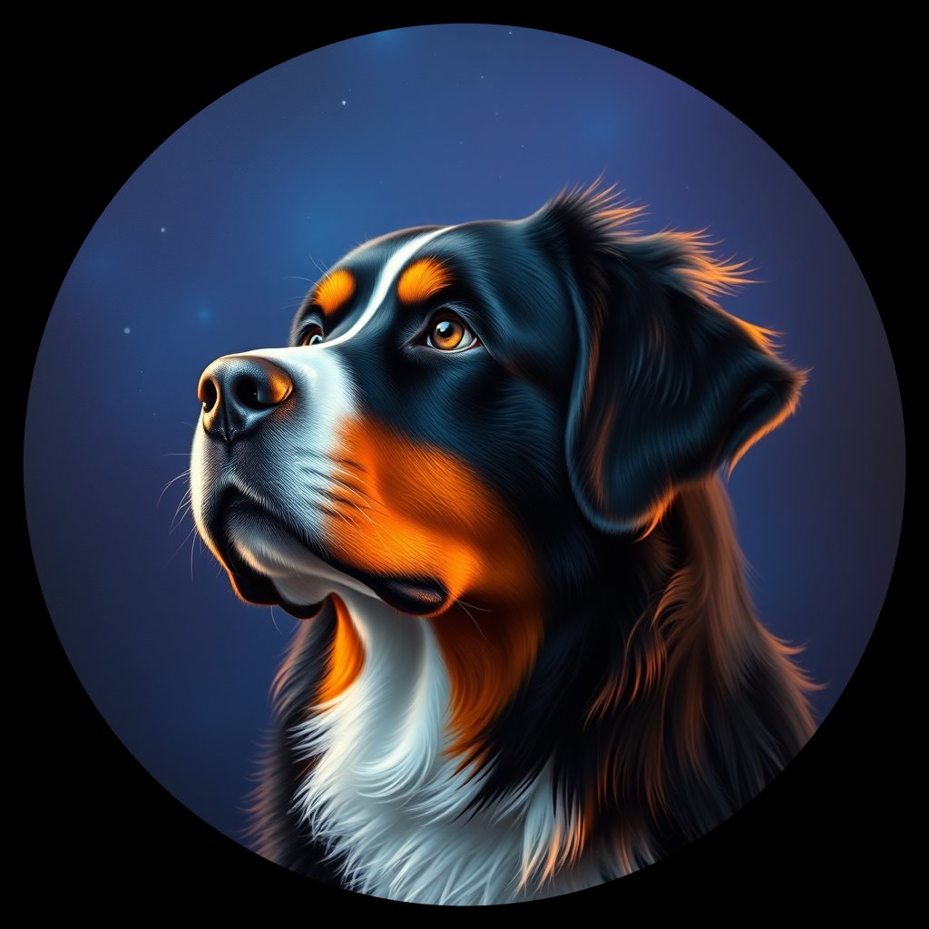 Cosmic medallion portrait of Bernese_Mountain_Dog_3677, a Bernese Mountain Dog