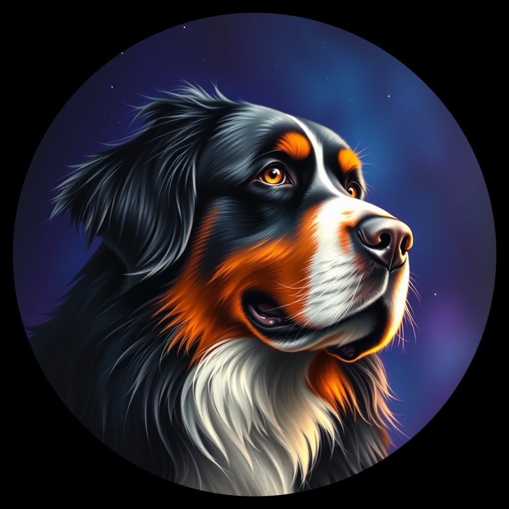 Cosmic medallion portrait of Bernese_Mountain_Dog_3689, a Bernese Mountain Dog