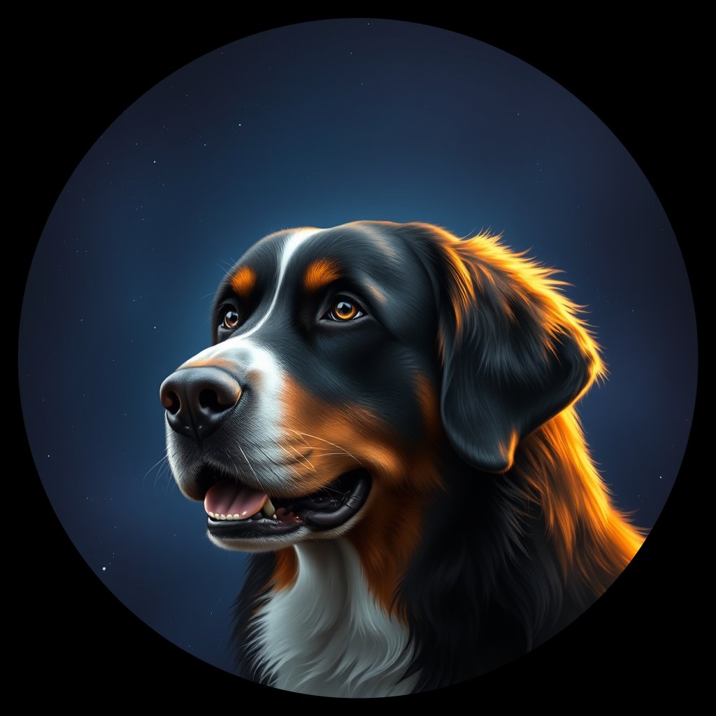 Cosmic medallion portrait of Bernese_Mountain_Dog_3691, a Bernese Mountain Dog