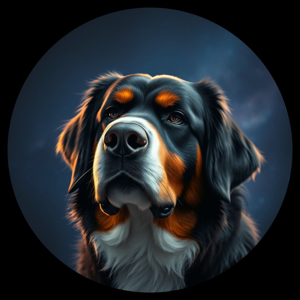Cosmic medallion portrait of Bernese_Mountain_Dog_3791, a Bernese Mountain Dog