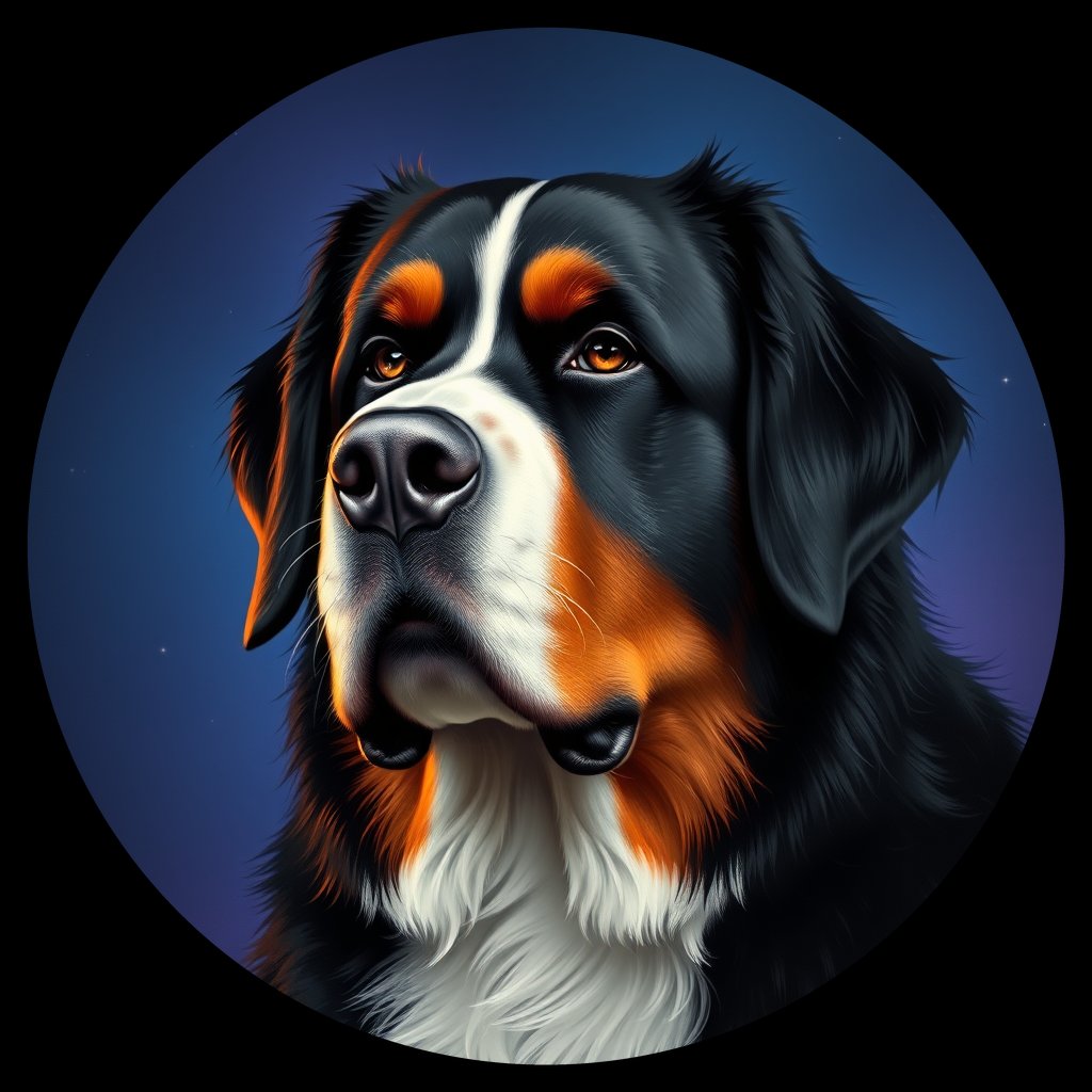 Cosmic medallion portrait of Bernese_Mountain_Dog_3797, a Bernese Mountain Dog