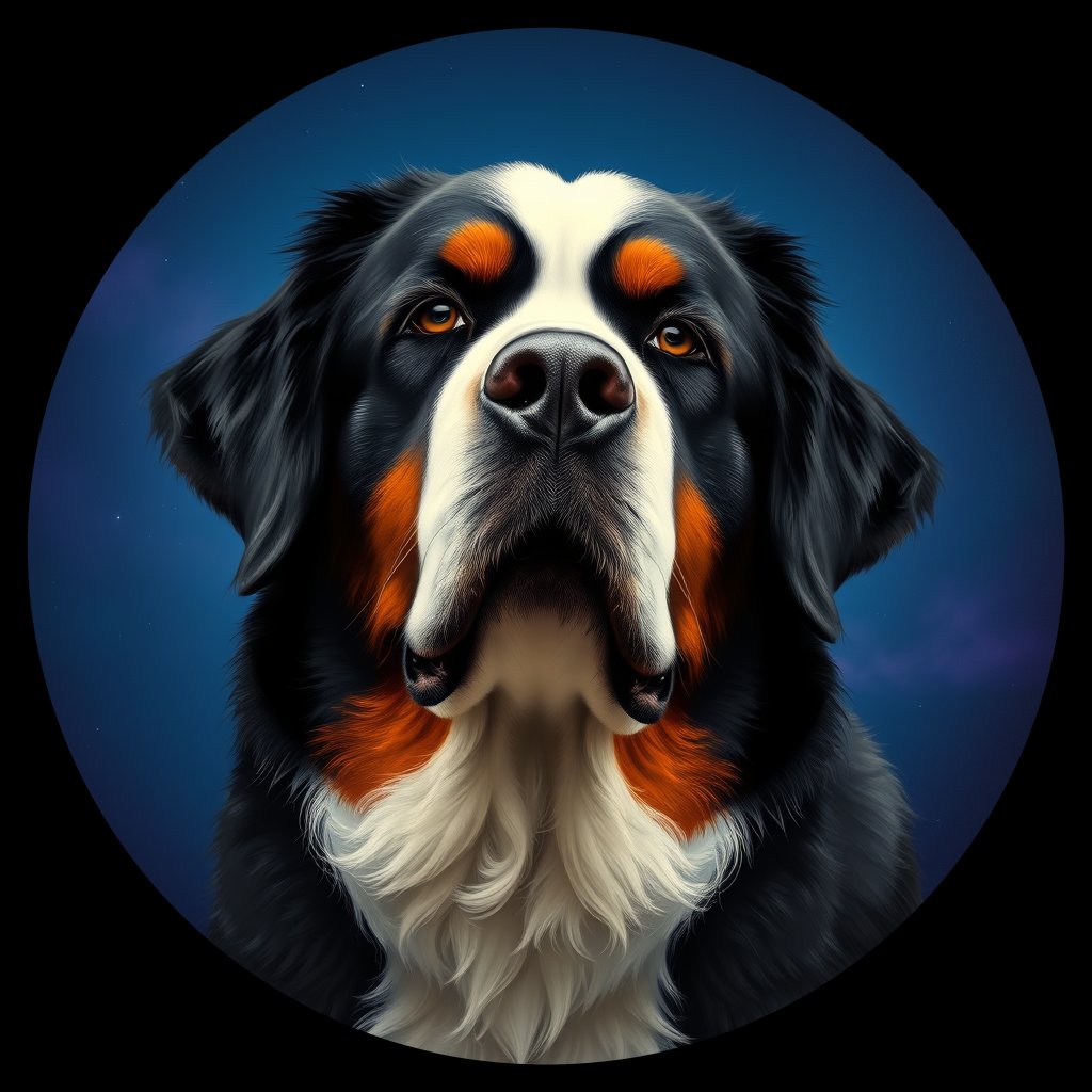Cosmic medallion portrait of Bernese_Mountain_Dog_3876, a Bernese Mountain Dog