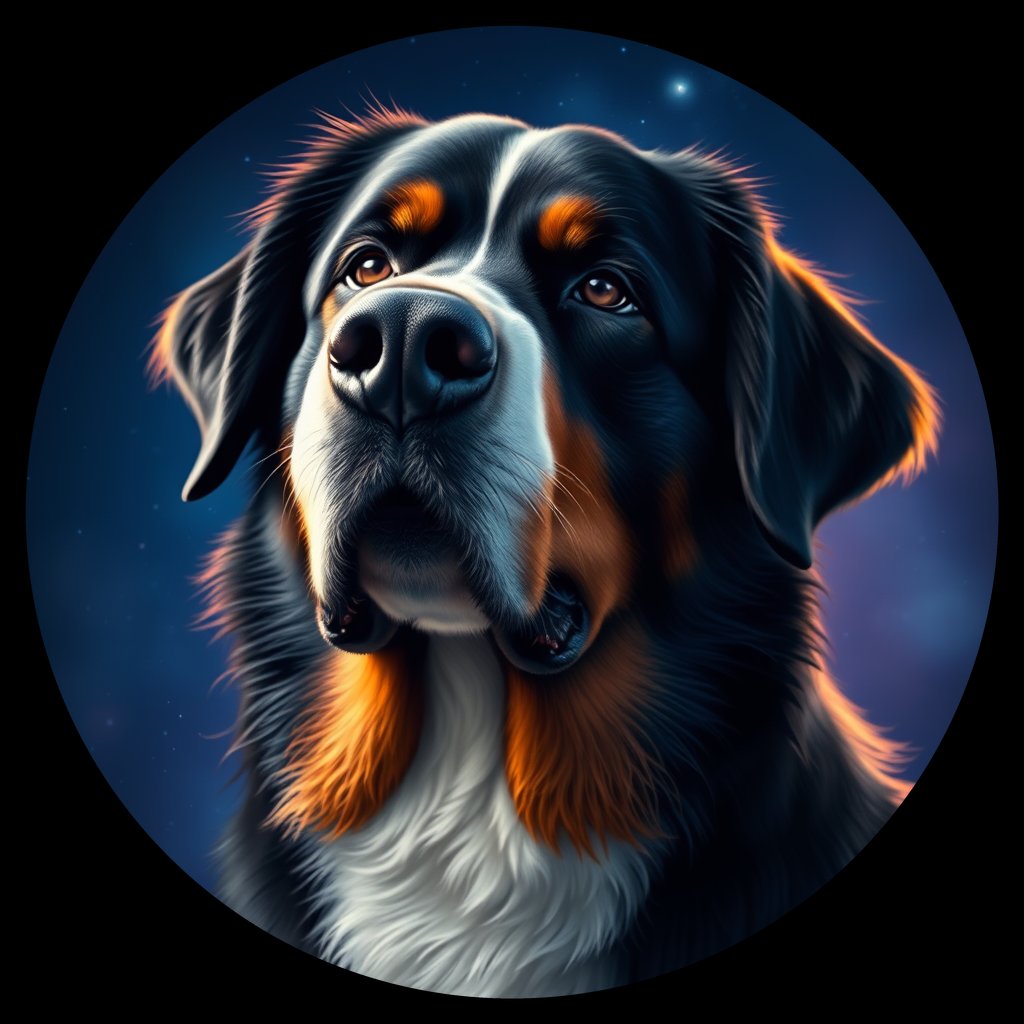 Cosmic medallion portrait of Bernese_Mountain_Dog_3907, a Bernese Mountain Dog