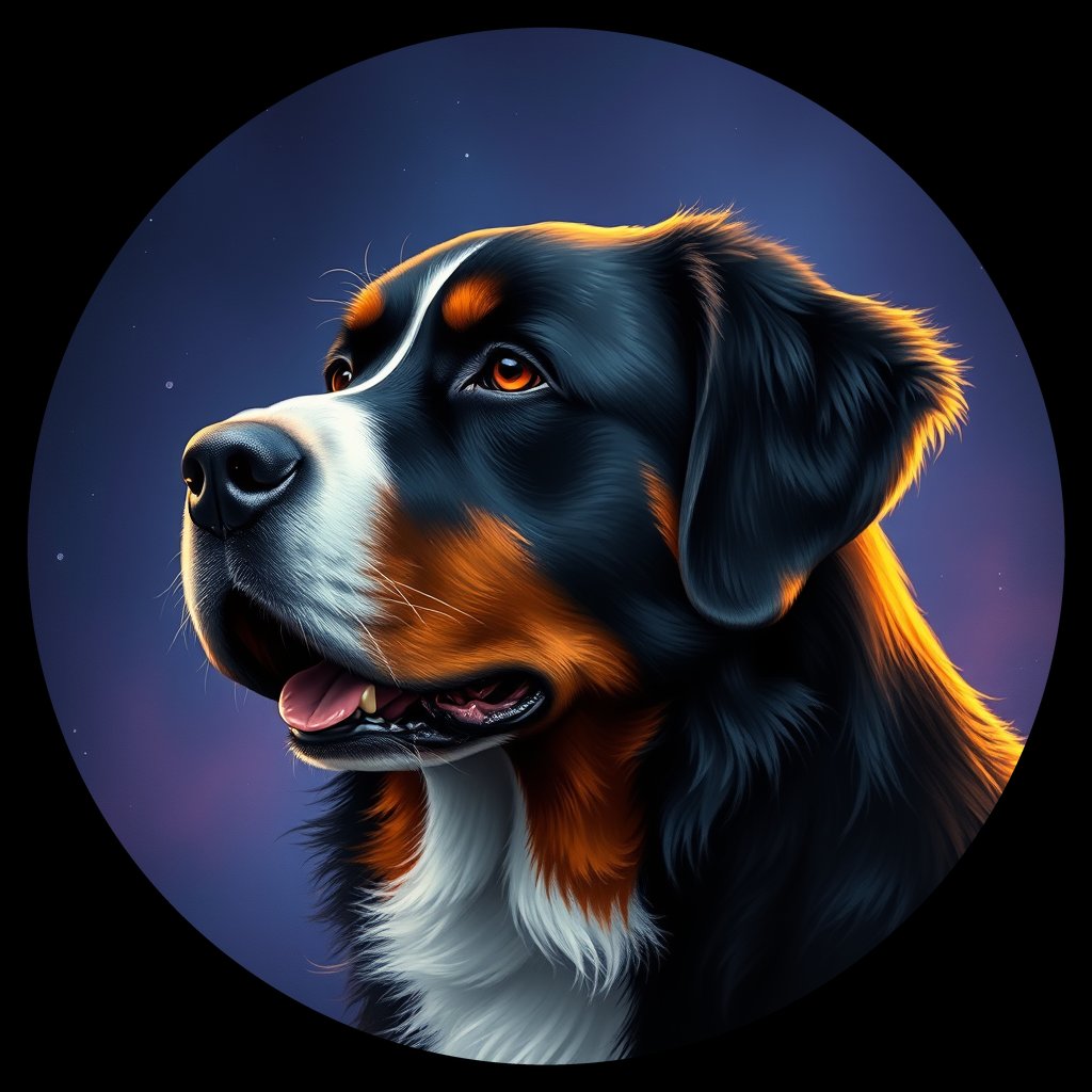 Cosmic medallion portrait of Bernese_Mountain_Dog_4088, a Bernese Mountain Dog